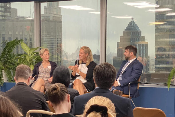 Annika Ramsköld, CSO at Vattenfall speaks at the Lead IT event during Climate Week NYC alongside Jennie Cato, Global Director for Public Affairs & Partnerships, Scania and Tom Rollason, Private Sector Engagement Officer, Breakthrough Energy, Mission Innovation.