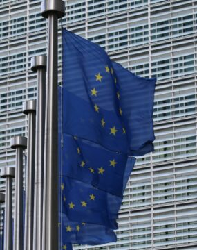 EU flages in the foreground with a steel building behind.