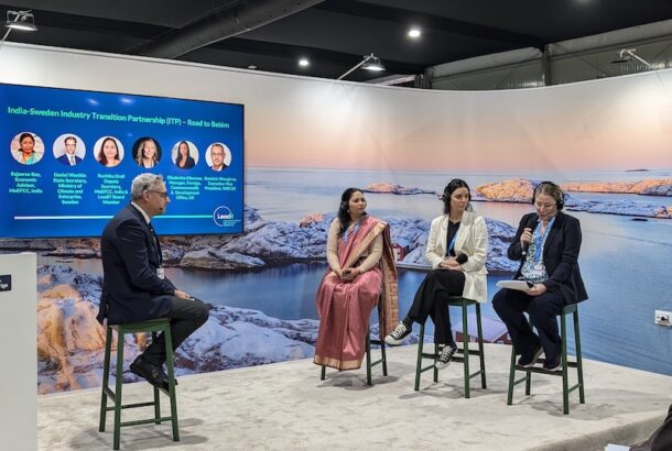 Panel discussion at the India-Sweden Industry Transition Partnership (ITP) – Road to Belém event, hosted by LeadIT at COP29. L-R: Moderator Dominic Waughray, Executive Vice President, WBCSD, Ruchika Drall, Deputy Secretary, Ministry of Environment, Forests and Climate Change, India, Elizabetta Albernaz, Manager, Foreign, Commonwealth and Development Office, UK Helen Ågren, Director, Ministry of Climate and Enterprise, Sweden.