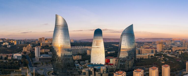 City skyline of Baku as the sun is setting