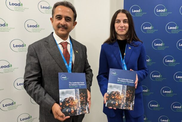 India and Swedish Environment Ministers Shri Kirti Vardhan Singh and Romina Pourmokhtari with the LeadIT first five year report at the LeadIT Annual Summit, Cop 29.